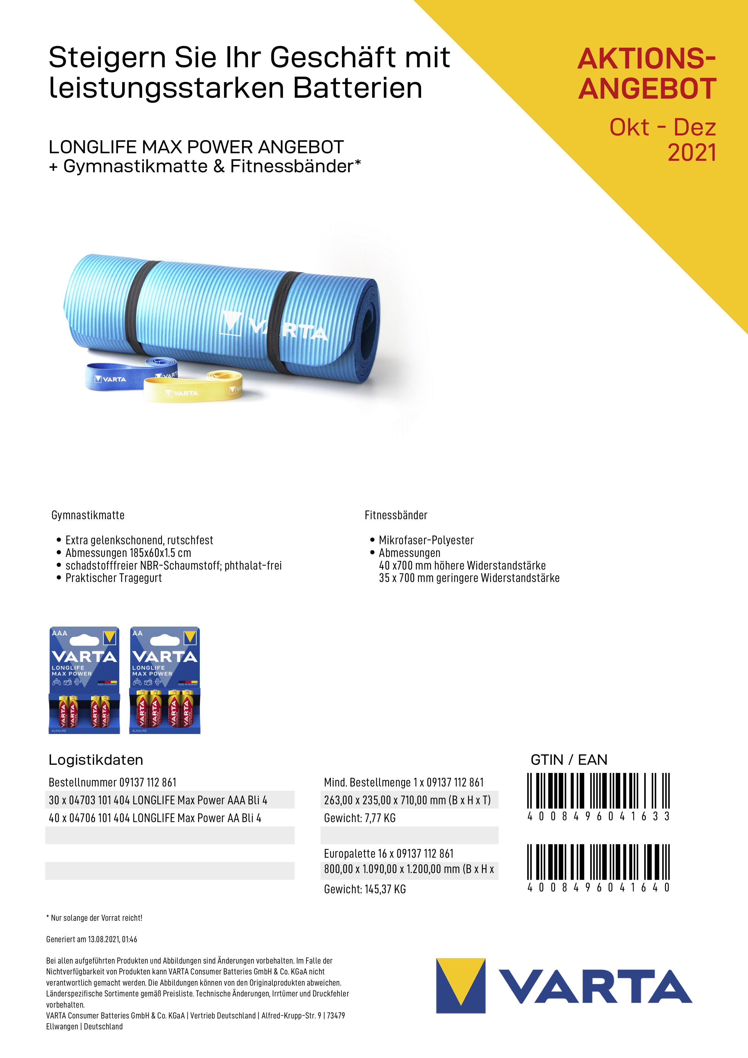 VARTA  Longlife Max Power Aktionspaket + Fitness Set