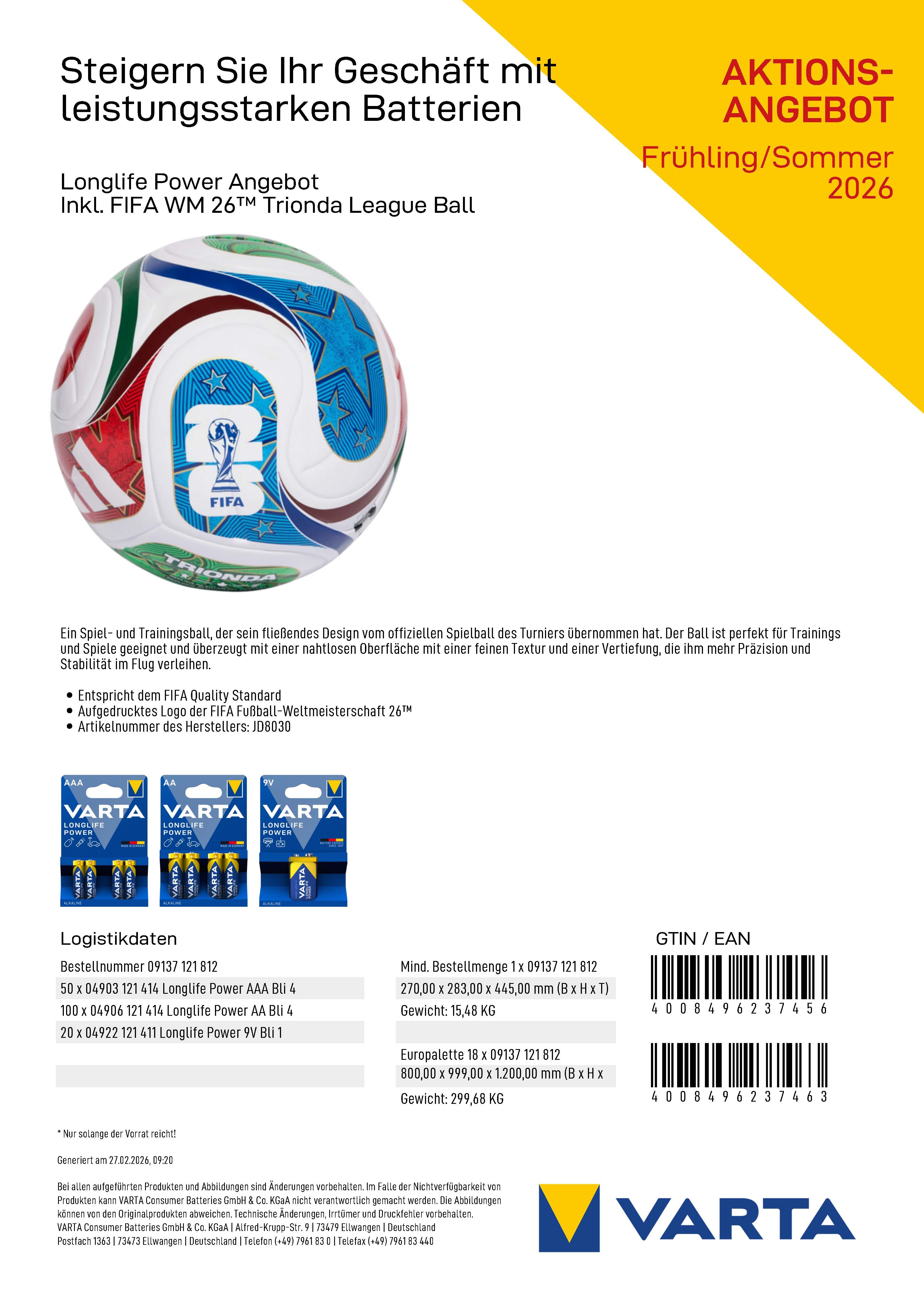 VARTA LONGLIFE Power-Sales Drive Paket + adidas WM-Ball